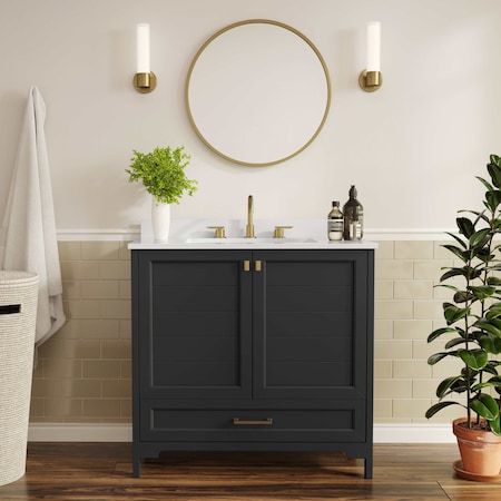 Flash Furniture Haven 36in. Vanity w/Sink, Storage Cabinet w/Gold Hardware, Bottom Drawer, Marble Countertop, Blk FS-BN-4-36-KD-BK-HDGLD-GG