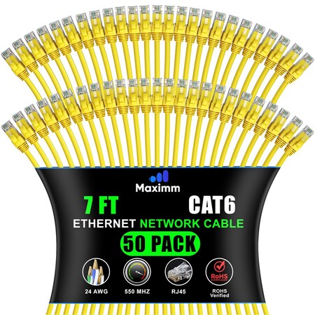 Maximm Cat6 Ethernet Cable 7ft 10Gbps 550MHz UTP, 50PK, Yellow, 50PK CAT6CCA-7YL-50PK