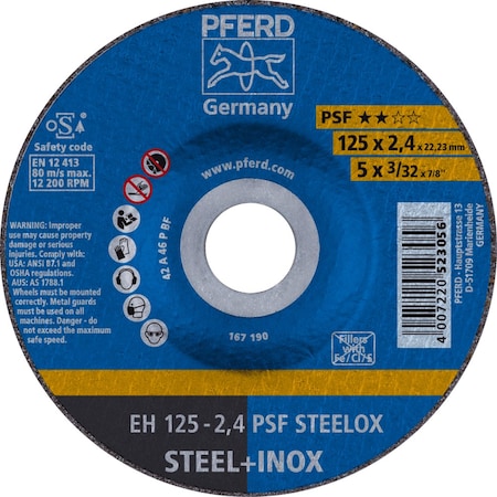Pferd Cut-Off Wheel, Type 27, 5 in Dia, 3/32 in Thick, 7/8 in Arbor Hole Size, Aluminum Oxide 63720