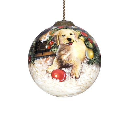 Homeroots Puppy under the Christmas Tree Hand Painted Mouth Blown Glass Ornament 477517