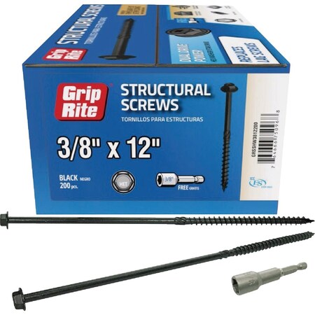 Grip-Rite PrimeGuard Plus 3/8''x12'' Hex Washer Head Structural Screw, 20-Count GRSSHW381220