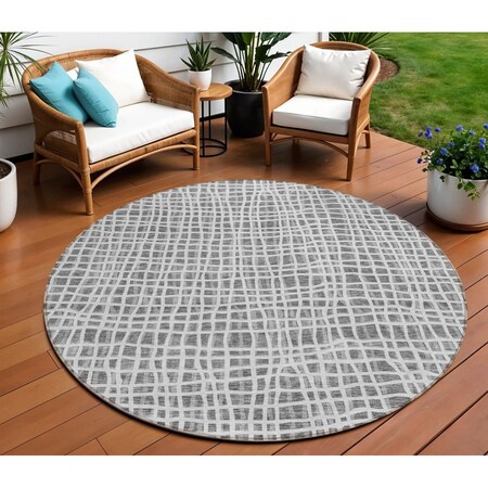 Homeroots 8' Gray Charcoal And Silver Round Striped Washable Indoor Outdoor Area Rug 583428