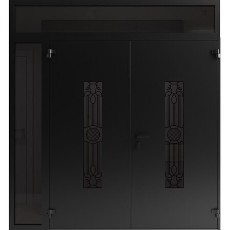 Vdomdoors Front Exterior Prehung Aluminum Double Doors Ronex1477 Black Enamel Top Transom Mirrored Clear RONEX1477DEXD-BLK-W72+16xH96+12-LH-I