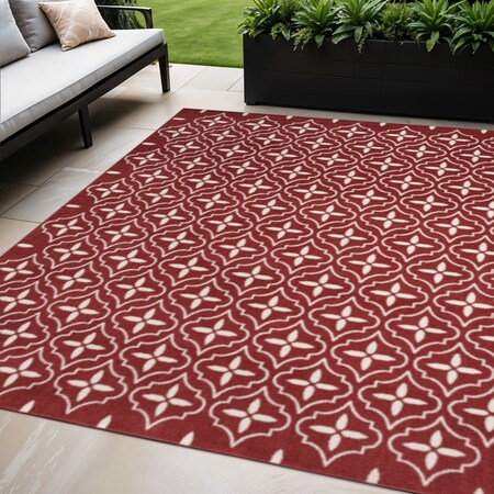 Homeroots 5' X 7' Brick Red And Ivory Geometric Indoor Outdoor Area Rug 572649