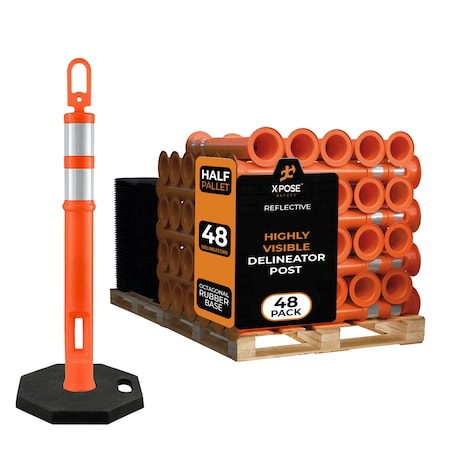 Xpose Safety 42in  Ring Loop Orange Traffic Delineator Post with 13 LB PVC Base, Half Pallet, 48PK DLRB-ORG-42-HP48-X