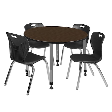 Regency Round Kee Adjustable Classroom Table W/ 4 Andy Stack Chairs, 48 in W, 48 in L, Neo Walnut TB48RNDNWAPGY40BK