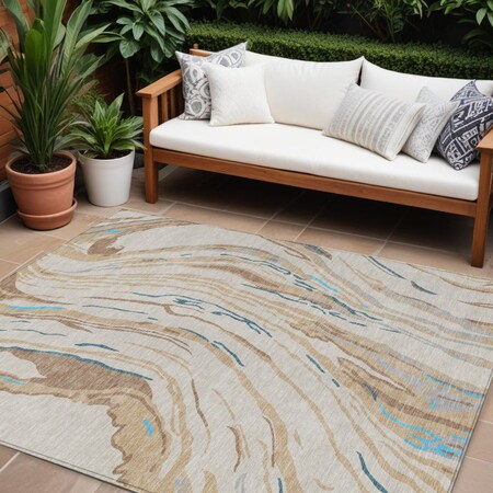 Homeroots 10' X 14' Beige Teal Blue And Ivory Abstract Washable Indoor Outdoor Area Rug 600209