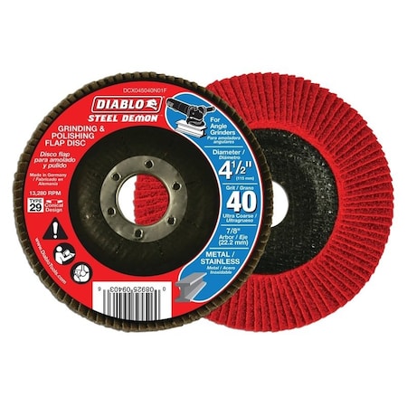 Diablo Steel Demon Flap Disc, 4-1/2 in Dia, 7/8 in Arbor, 40 Grit, Ultra Coarse DCX045040N01F