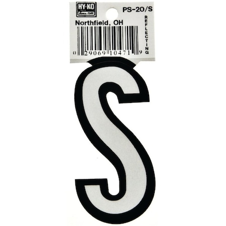 Hy-Ko Reflective Letter, Character: S, 3-1/4 in H Character, Black/White Character, Vinyl PS-20/S