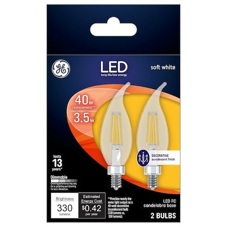 Ge Light Bulb, Decorative, Flame Lamp, 40 W Equivalent, Candelabra Lamp Base, Dimmable, Clear, PK2 93103493