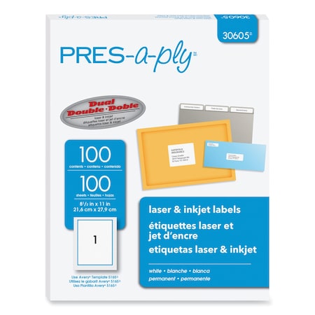 Pres-A-Ply Labels, Laser Printers, 8.5 x 11, White, 100PK 30605