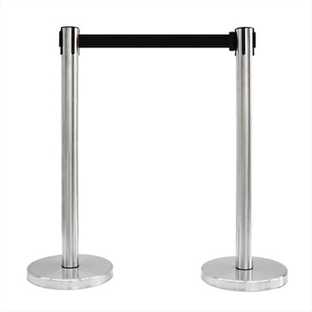 Captain Cold 14 in. Flat Base Satin Stainless Post & Cover Retractable Belt Stanchion - 6.5 ft. Black Belt CA2043281