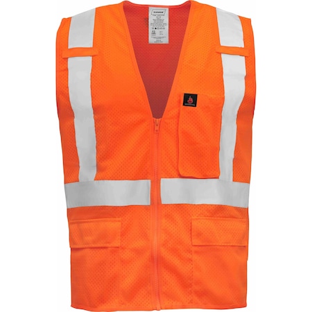 Ironwear Hi-Vis FR Safety Vest XL Class 2 , Zipper 5 Pockets 1284FR-OZ-RD-XL