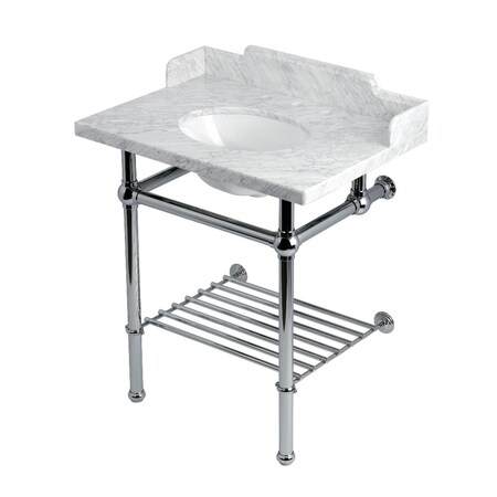 Kingston Brass 30-Inch Carrara Marble Console Sink with Brass Legs and Shelf, 8-Inch, 3-Hole LMS30MBB1