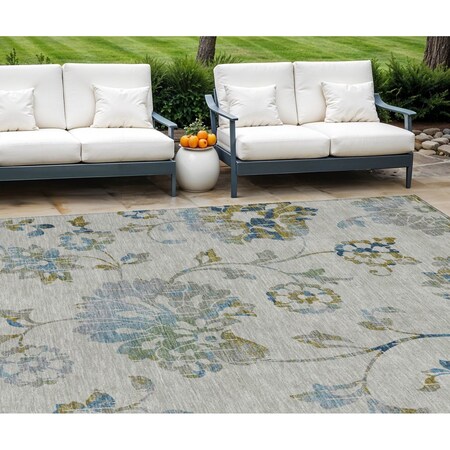 Homeroots 10' X 14' Taupe Navy Blue And Denim Blue Floral Washable Indoor Outdoor Area Rug 589511