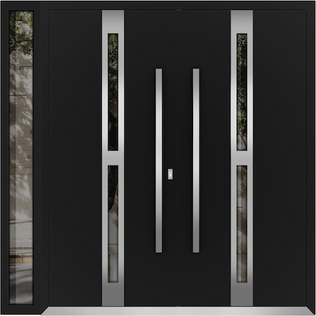 Vdomdoors Metal Double Doors Deux 1755 Black Enamel Opaque Black Glass 1 Sidelight Entry Modern Painted 84x96 DEUX1755DEXD-BLK-W72+12xH96-LH-I