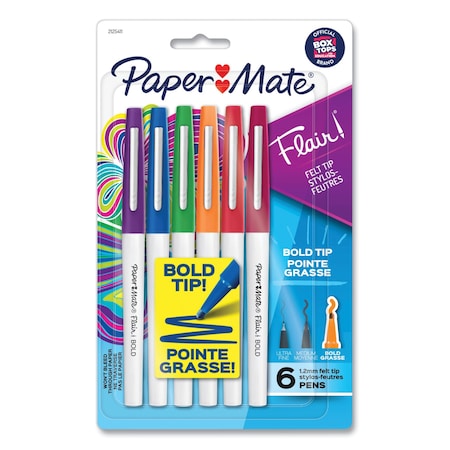 Paper Mate Flair Felt Tip Porous Point Pen, Stick, Bold 1.2 mm, Assorted Ink Colors, White Pearl Barrel, 6PK 2125411