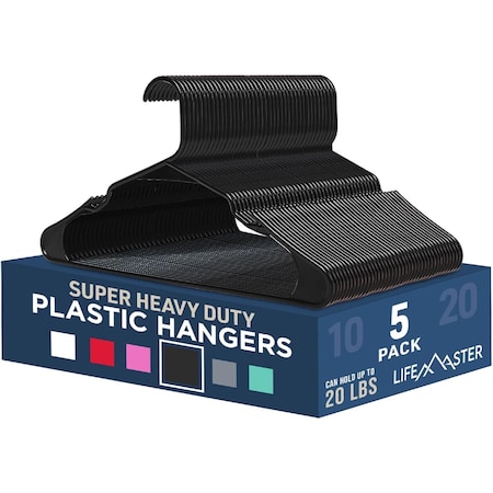 Lifemaster Heavy-Duty Plastic Hangers, Non-Slip, Space-Saving, Holds 5 lbs, Black, 5PK LMPLCBK5