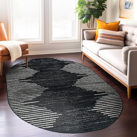 World Rug Gallery Bohemian Stripe Stain Resistant Area Rug 5 ft x 7 ft Oval Black 385BLACK5OV