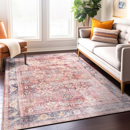 World Rug Gallery Vintage Bordered Machine Washable Non Slip Area Rug 5 ft x 7 ft Red 6027RED5X7