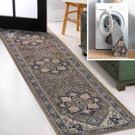 Jonathan Y Cirali Ornate Large Medallion Non-Slip Machine-Washable Green/Navy/Cream 2 ft. x 8 ft. Runner Rug WSH105C-28