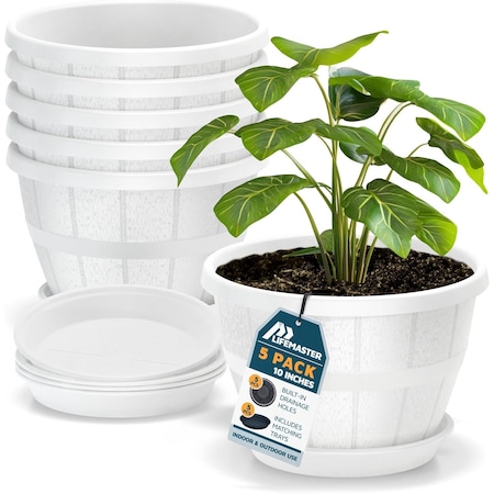 Lifemaster 10-Inch Whiskey Barrel Planters, Durable Plastic Pots with Drainage and Saucer, 5PK LMPBP5WHE55