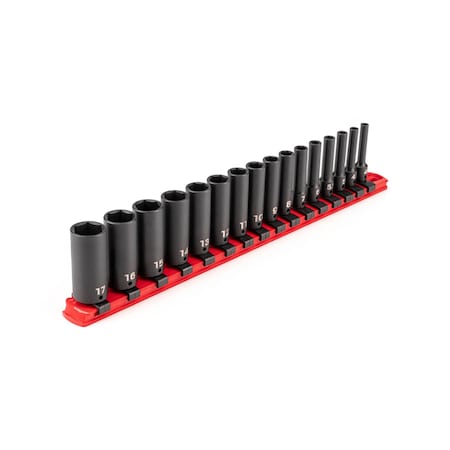 Tekton 1/4'' Drive Deep 6-Point Impact Socket Set with Rail, 16-Piece, 4-17 mm SID90103