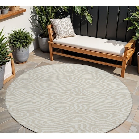 Homeroots 8' Beige And Linen Round Abstract Washable Indoor Outdoor Area Rug 598946