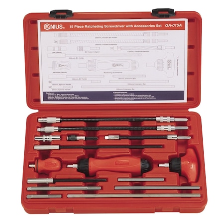 Genius Tools 15 Pc. 1/4in Hex Ratcheting Screwdrivers with Accessories GA-015A