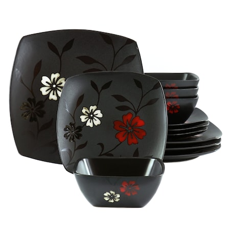 Hometrends Evening Blossom 12 Piece Square Stoneware Dinnerware Set in Black 99464.12