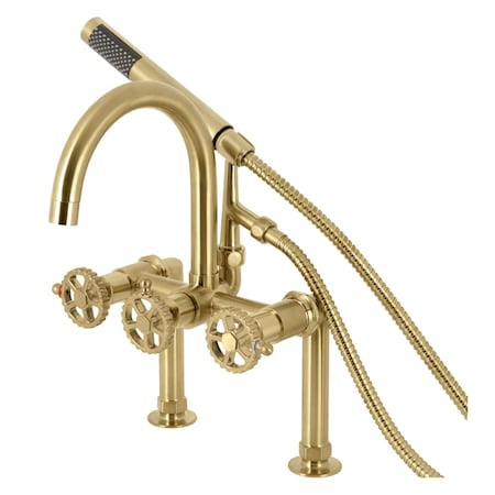 Kingston Brass 7" Center Deck-Mount Clawfoot Tub Faucet with Hand Shower, Brushed Brass AE8107CG