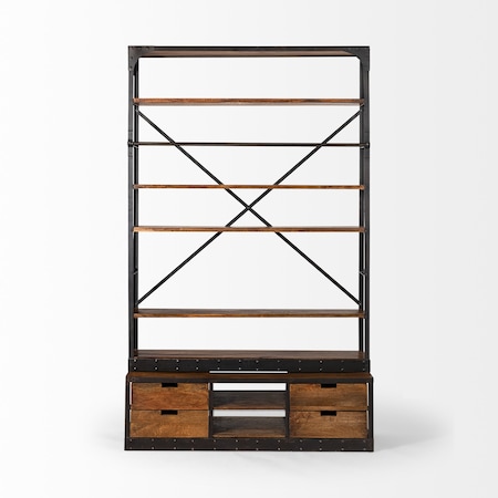 Homeroots 94" Black And Brown Distressed Copper and Wood Four Tier Library Bookcase with Four Drawers 380587
