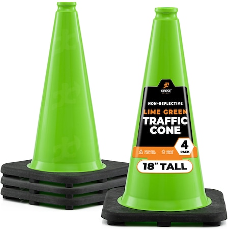 Xpose Safety Traffic Safety Cone, 18 in, Premium PVC, No Collar, Lime Green, 4 pk LTC18-4-X-S
