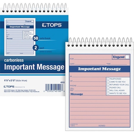 Tops Business Forms TOPS, Telephone Message Book With Fax/mobile Section, 4-1/4 X 5 1/2, Two-Part, 50/book 4010