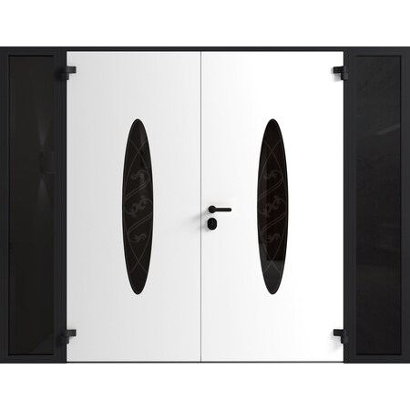 Vdomdoors Front Exterior Prehung Aluminum Double Doors Ronex1277 Black Enamel 2 Sidelights Mirrored Clear RONEX1277DEXD-BLK-W14+72+14xH80-LH-I