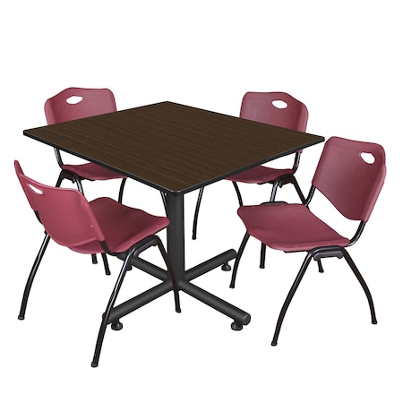 Regency Square Kobe Breakroom Table W/ 4 M Stack Chairs, 48 in W, 48 in L, Neo Walnut TKB4848NW47BY