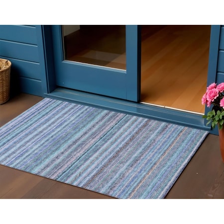 Homeroots 3' X 5' Sky Blue And Navy Blue Striped Washable Indoor Outdoor Area Rug 577805