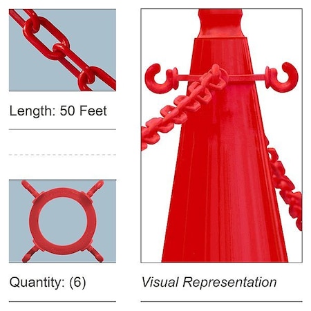 Mr. Chain Cone Connector, Chain, 50 ft., Red, Plastic, Non-Reflective, 1 3/8 in Height, 50 ft Length, 5 lb 97405-KIT