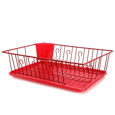 Megachef 17.5 Inch Red Dish Rack with 14 Plate Positioners and a Detachable Utensil Holder DR-103
