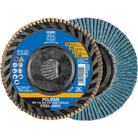 Pferd 4-1/2'' x 7/8'' A.H. POLIFAN Flap Disc - Z PSF TRIM STEELOX, Zirconia, 40 Grit, Flat 68098