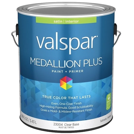 Valspar Medallion Plus 2300 Latex Paint, Acrylic Base, Satin Sheen, Clear Base, 1 gal, Plastic Can 028.0023004.007