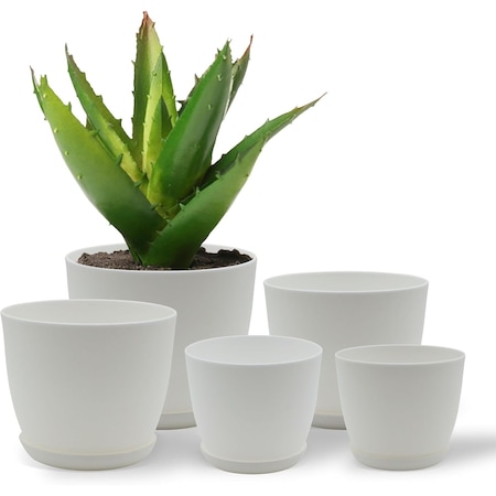 Campior Plastic Plant Pots with Drainage, Home Decor Flower Pot, Stackable Design for Indoor, 5PK CMPWHT55