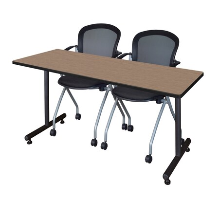 Regency Kobe T-Base Training Seminar Table W/ 2 Cadence Stack Chairs, 72 in W, 24 in L, Noble Oak MKTRCT7224NO23BK