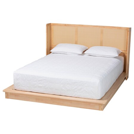 Baxton Studio Glennis Japandi Natural Brown Wood Queen Size Platform Bed with Woven Rattan 257-14010-ZORO