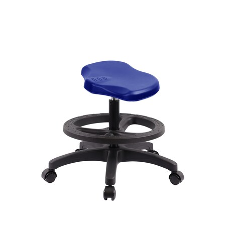 Blue Ridge Ergonomics Polyurethane Ray Stool - Medium Bench Height with Black Foot Ring & Casters in Blue Polyurethane PRPMBSL-RG-BF-RC-BLU