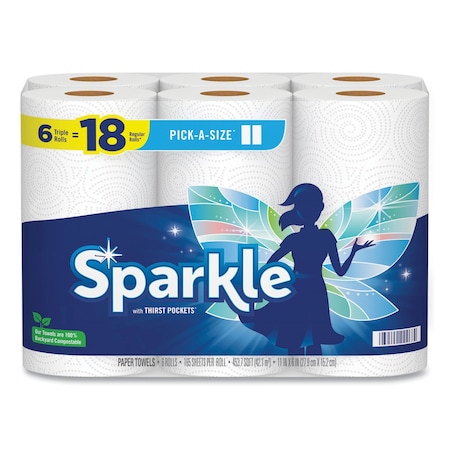 Sparkle Pick-A-Size Perforated Roll Paper Towels, 2 Ply, 165 Sheets, 83 ft, White, 6 PK 22306503/7503