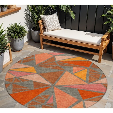 Homeroots 8' Rust Gray And Pink Round Geometric Washable Indoor Outdoor Area Rug 600392