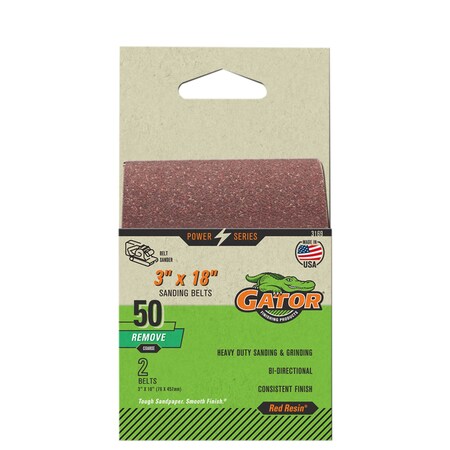Gator Finishing Red Resin 3 x 18 in. Sanding Belt, 50 Grit, Coarse, 2PK 3169