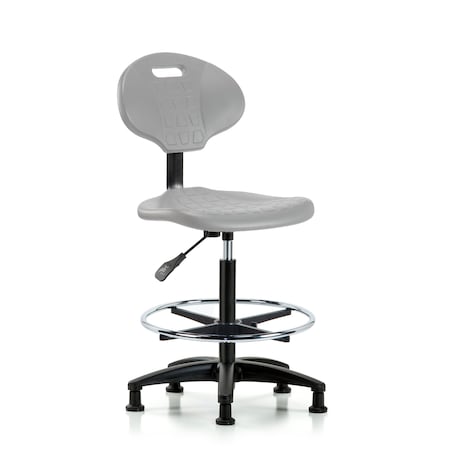 Blue Ridge Ergonomics Polyurethane Chair-High Bench Height with Chrome Foot Ring & Stationary Glides in Gray Polyurethane TPHBCH-RG-A0-CF-RG-GRY