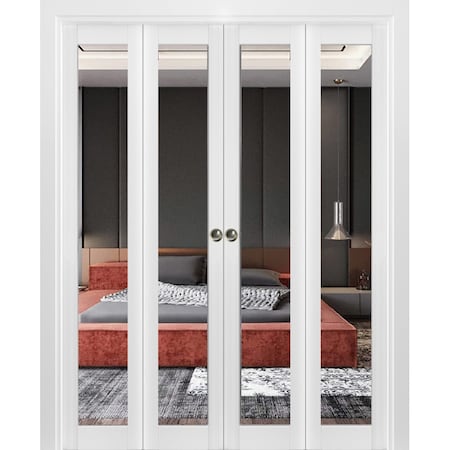 Sartodoors Sliding Closet Double Bi-fold Doors, Lucia 1299 White Silk with Mirror, Sturdy Tracks Moldings Tri LUCIA1299DBF-WS-72 x 80 (4* 18x80)